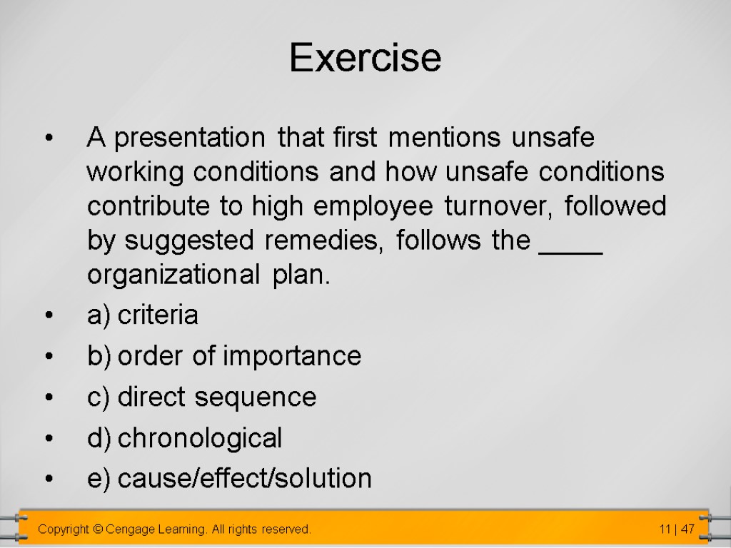 Exercise A presentation that first mentions unsafe working conditions and how unsafe conditions contribute